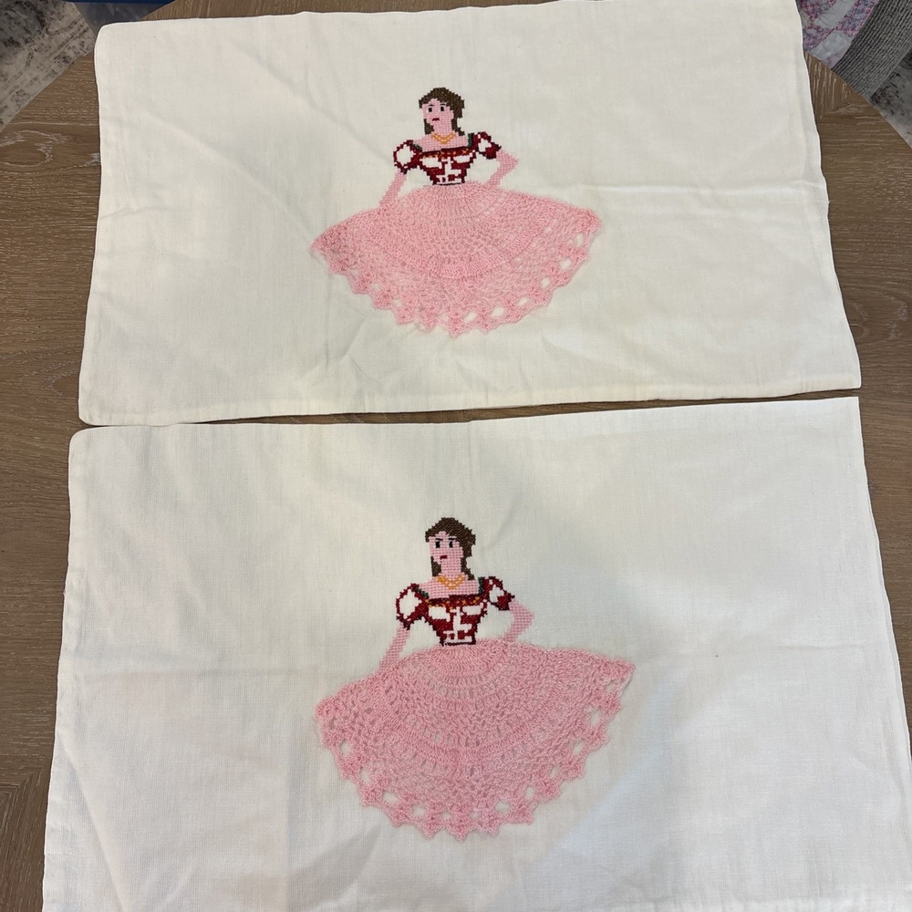 Vintage Pillowcases Set Pink Crochet Lace Crosstitch Lady 2pc